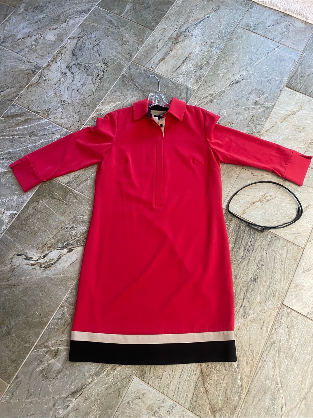Tahari Arthur Levine Collared  Dress in red with black & tan Contrast Hem